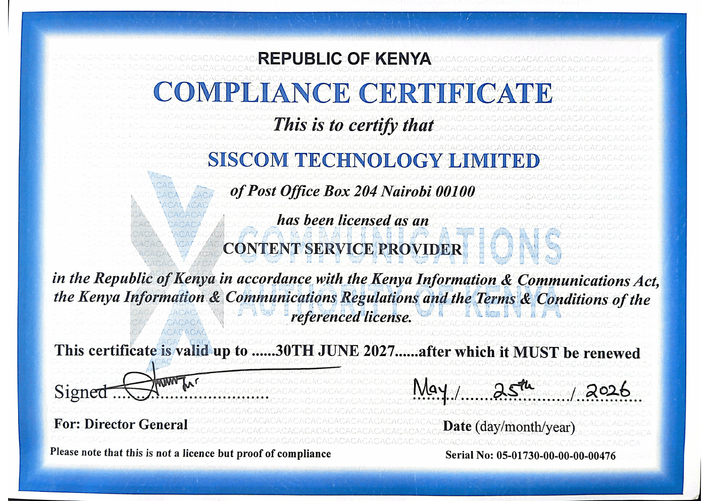 SISCOM Technology — Communications Authority CSP license certificate