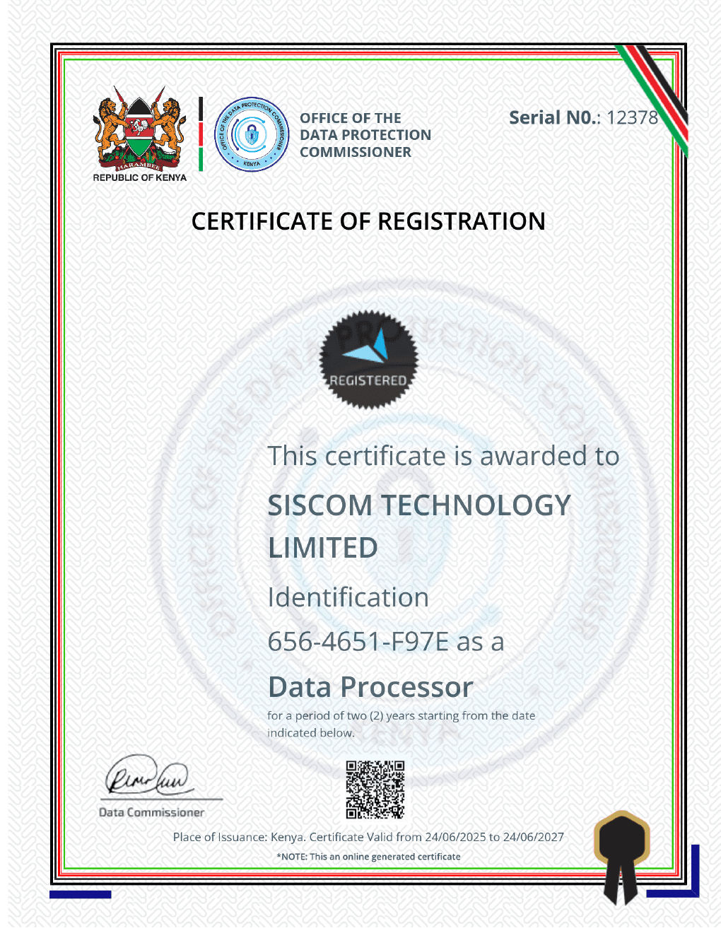 SISCOM Technology — Data Processor registration certificate